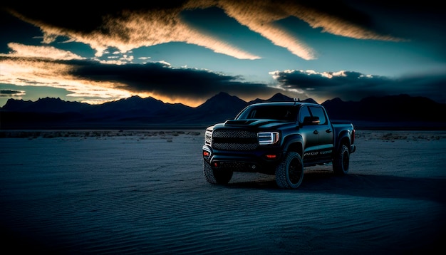 A black truck is parked in the desert at night