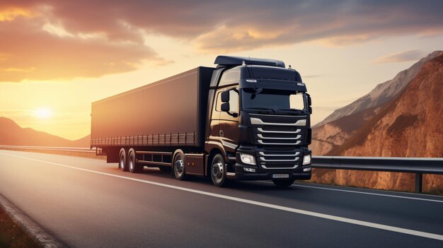 Black truck with container on highway cargo transport