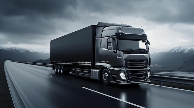 Black truck with container on highway cargo transport