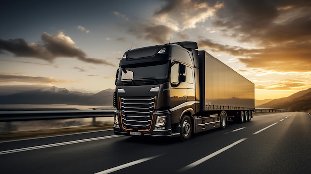 Black truck with container on highway cargo transport