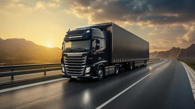 Black truck with container on highway cargo transport