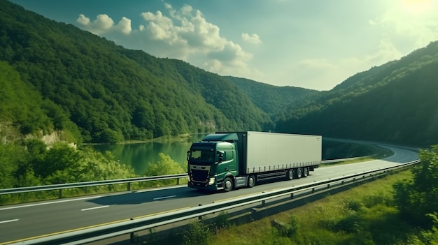 Black truck with container on highway cargo transport