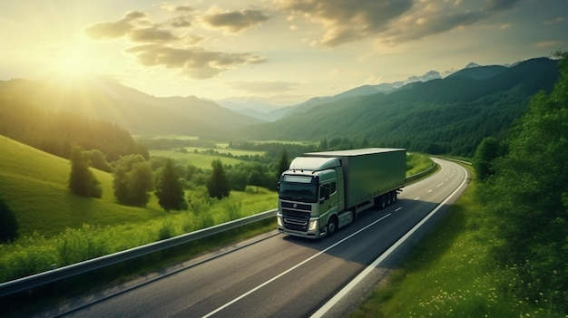 Black truck with container on highway cargo transport