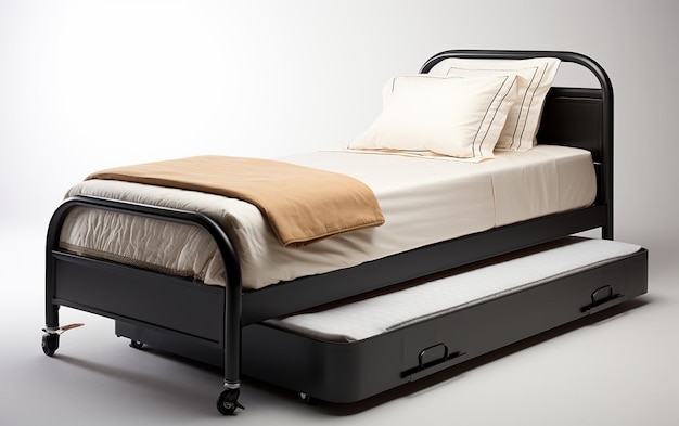 A black trundle bed on a white background