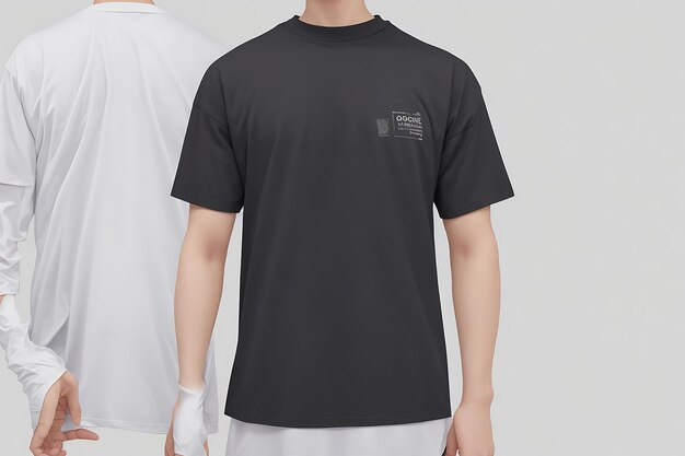 사진 검은색 티셔츠 디자인 모형 및 회색 배경 검은색 티셔츠 모형
