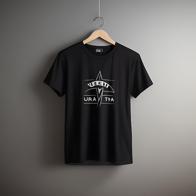 Макет дизайна черной футболки и серый фон, вешалка для макета черной футболки