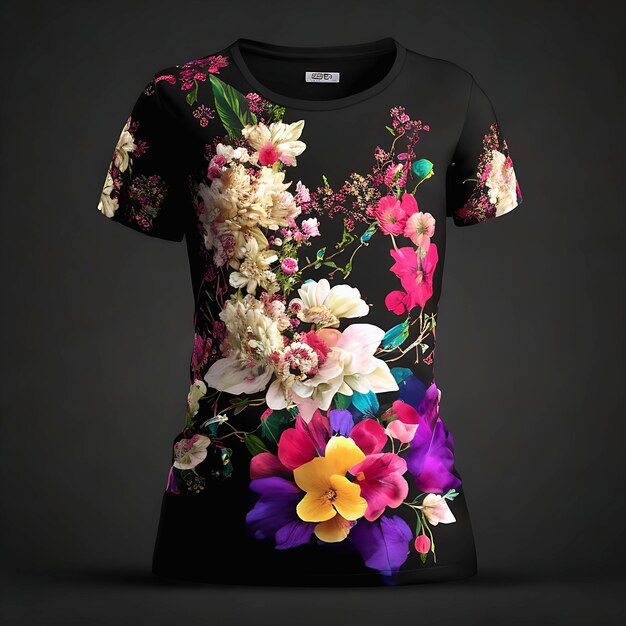 黒いTシャツの花のデザイン