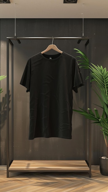 Black tshirt hanging on clothes rack near potted plant