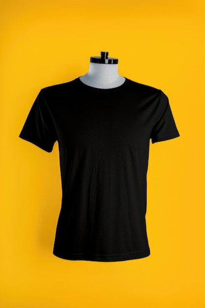 Черная футболка на манекене на желтом фоне