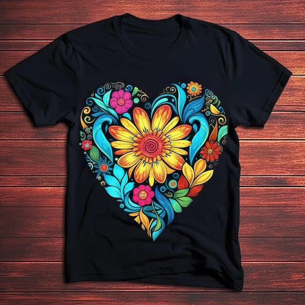 A black tshirt with a colorful floral heart on it generative ai image