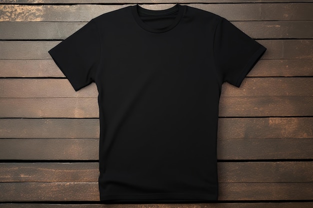 Черная футболка на деревянном фоне Макет для дизайна