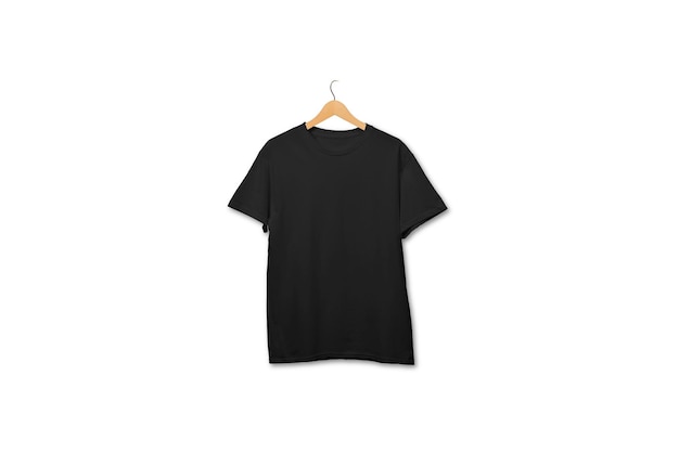 Black tshirt on wooden hanger floating on plain background