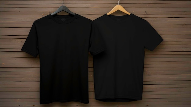 Photo black tshirts mockup clothes hanging isolated on wall blank front and rear side view