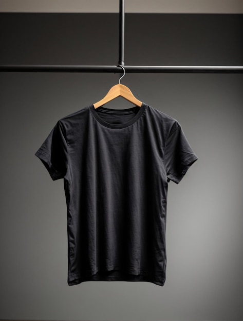 Black tshirts shirt mockup concept with plain clothing copy space on white wall background
