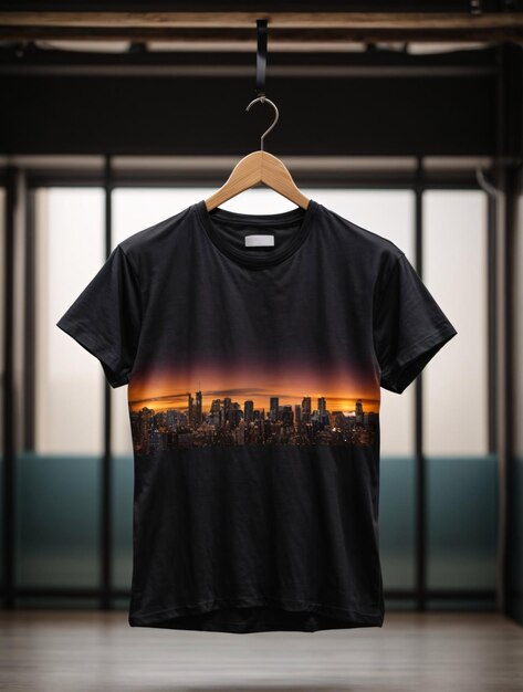 Black tshirts shirt mockup concept with plain clothing copy space on white wall background