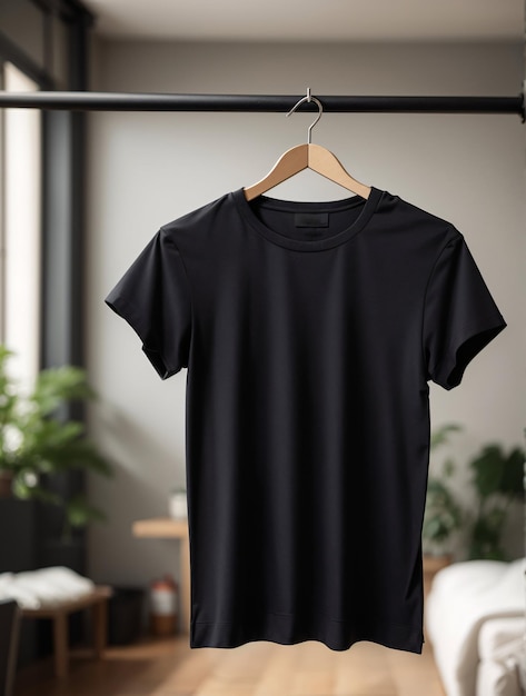 Black tshirts shirt mockup concept with plain clothing copy space on white wall background