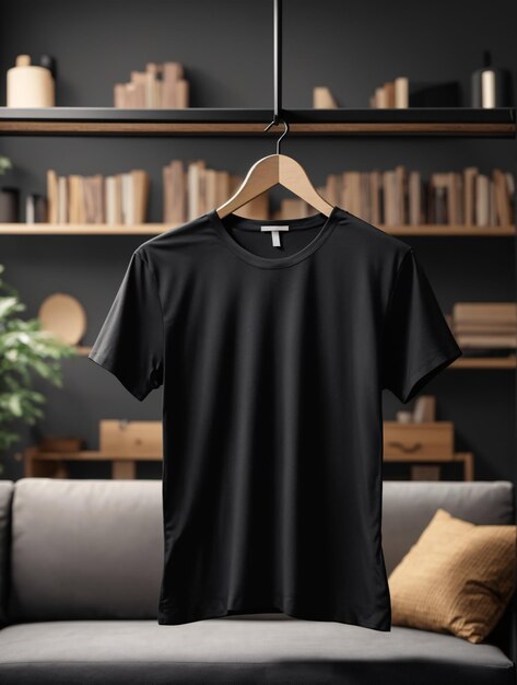 白い壁の背景に私服のコピースペースを持つ黒いTシャツシャツのモックアップコンセプト