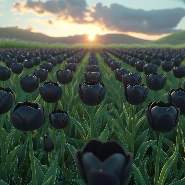 black tulip field bright sky background