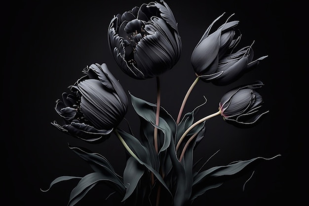 Black tulips on a black background Aesthetics of dark flowers