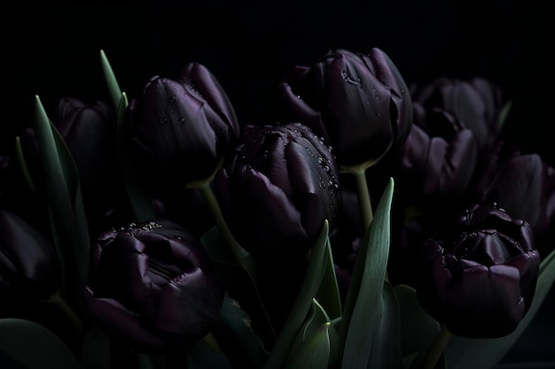 Black tulips on black background Minimalistic contemporary bunch of elegant spring flowers AI generated image