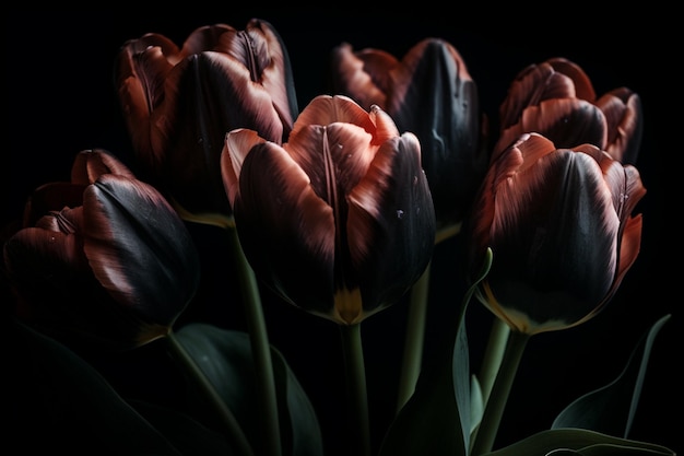 Black tulips in a black background