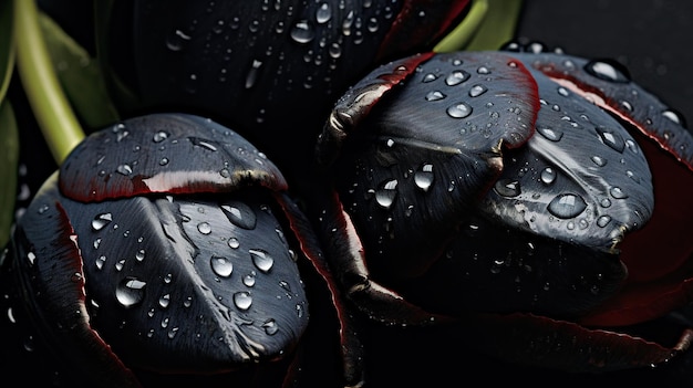 Black Tulips flowers with drops background Closeup of blossom with glistening droplets Generative AI