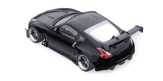 아치 확장 에어 서스펜션과 거대한 스포일러 3d 렌더링이 있는 검정 튜닝된 스포츠 경주용 자동차