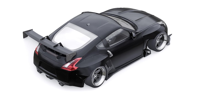 Black tuned sports racing car with arch extensions air suspension and a huge spoiler 3d rendering