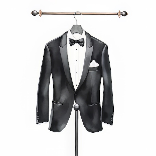 Black tuxedo with bow tie on hanger isolated on white background