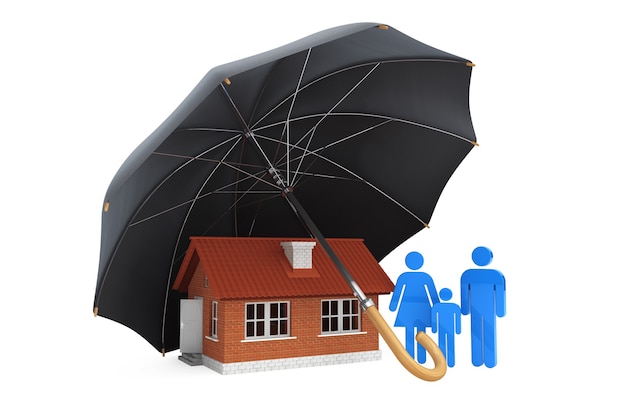 Black umbrella covers home and family on a white background