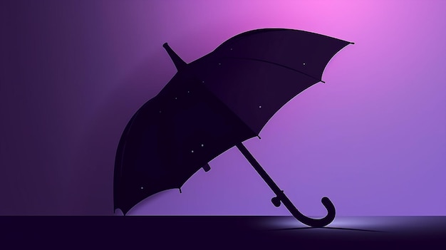 A black umbrella is standing in front of a purple background