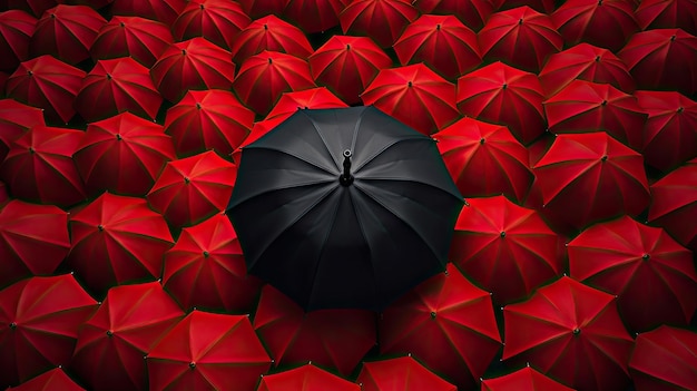 Black umbrella between a lot of Red umbrellas