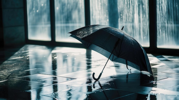 Black umbrella open on shiny wet surface light reflections