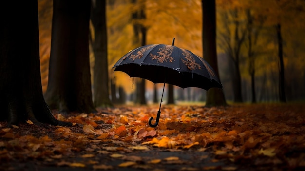 black umbrella in the park autumn leaves rainy day blur background