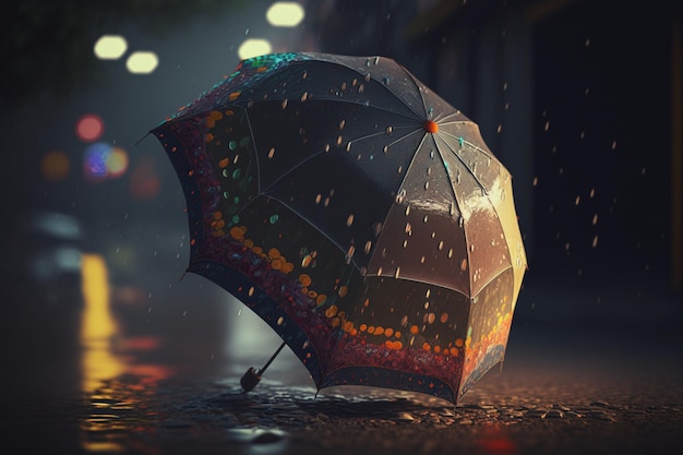 A black umbrella with colorful letters that say'rain'on it