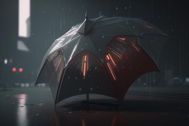 A black umbrella with red lights is in the rain.