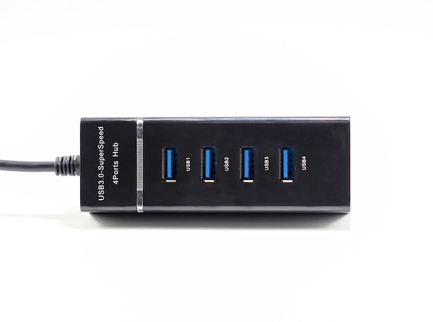 Black USB hub isolated on white.Four usb ports USB.