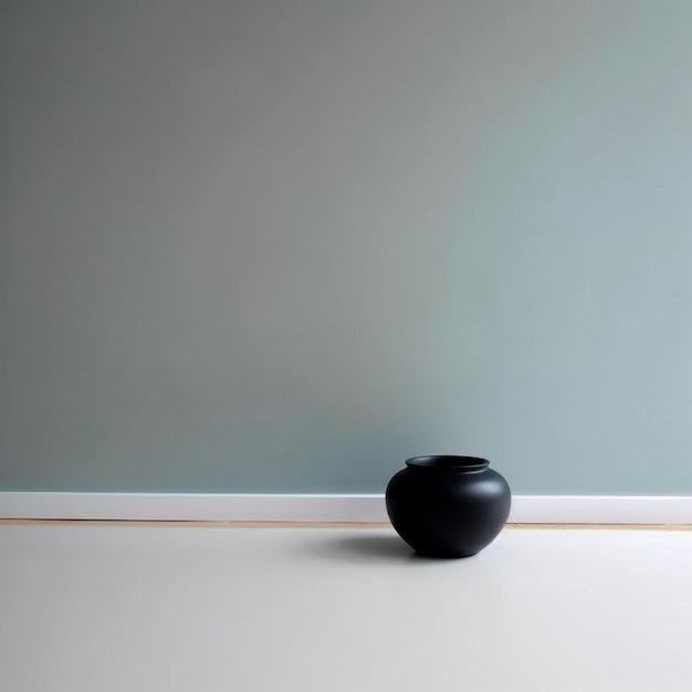 a black vase sits on a floor with a white wall behind it