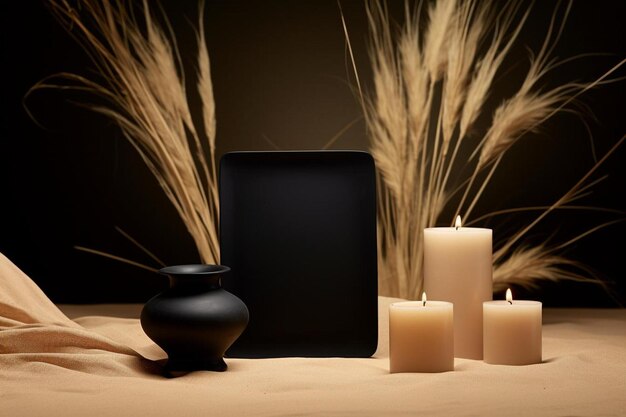 Photo a black vase and some candles on a table