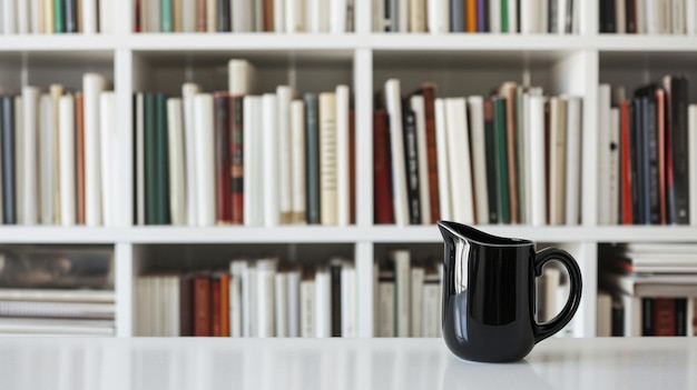 A black vase on a white table with books in the background