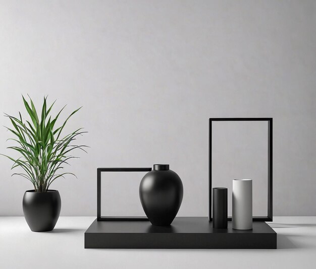 a black vase and a white vase on a black shelf