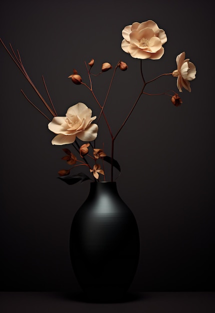Black vase with flowers on a dark background
