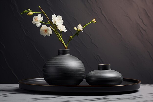 черная ваза с цветами и черный фон