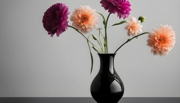 a black vase with flowers in it and a white background