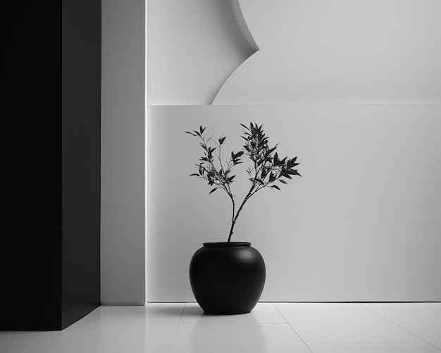 A black vase with a plant in it and a white background.