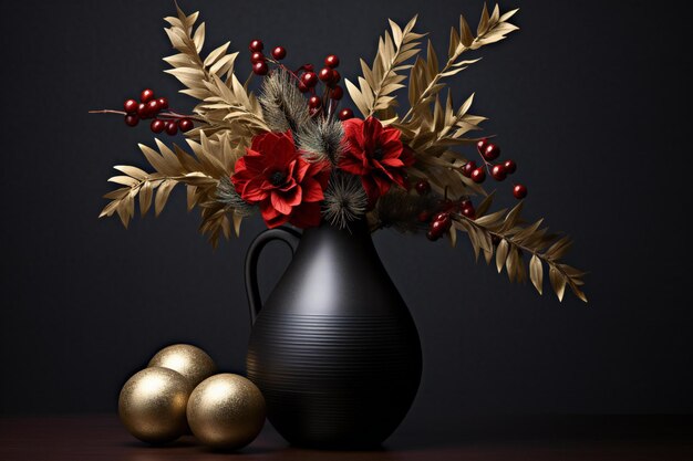 Black vase with poinsettia flowers and christmas balls