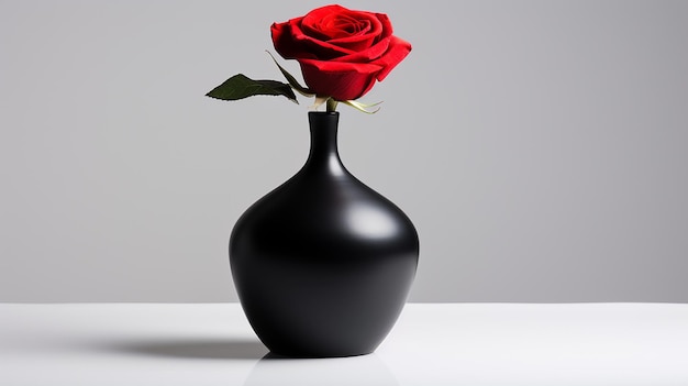 a black vase with a red rose in it