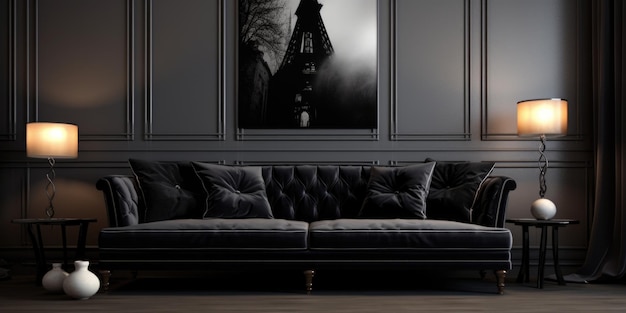 Black velvet elegant sofa Interior design of modern living room