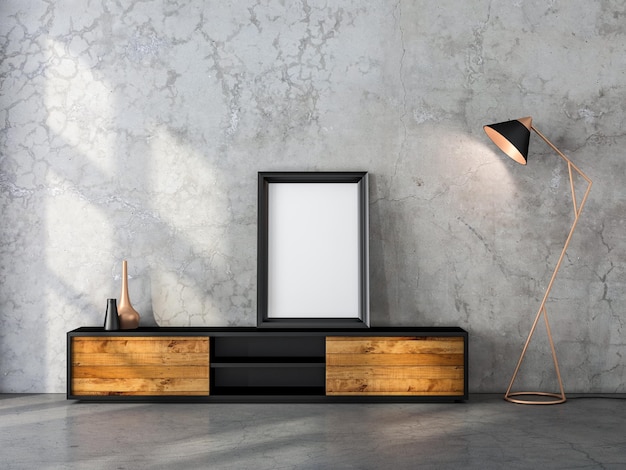 Black vertical Frame Mockup standing on the console with modern floor lamp, 3d rendering