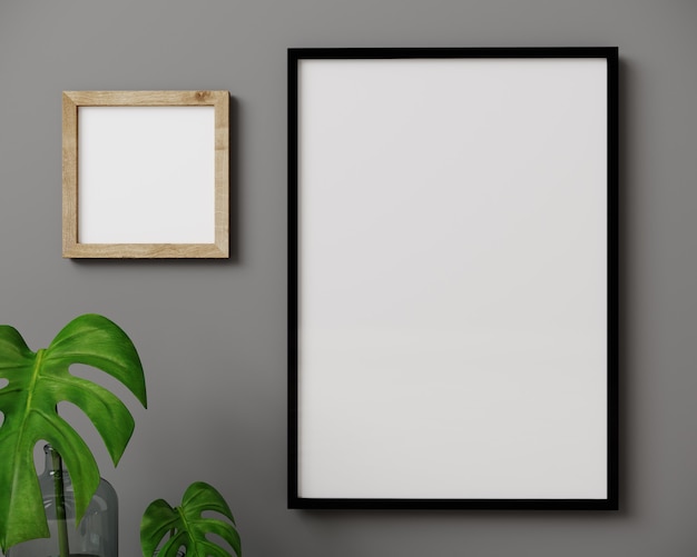 Black vertical and wooden square blank empty frames on gray wall